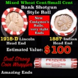 Mixed small cents 1c orig shotgun roll, 1918-d Wheat Cent, 1887 Indian cent other end, Seal Strong W