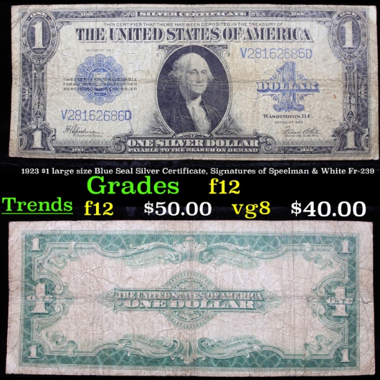 1923 $1 large size Blue Seal Silver Certificate, Signatures of Speelman & White Fr-239 Grades f, fin