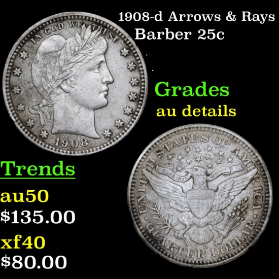 1908-d Arrows & Rays Barber Quarter 25c Grades AU Details