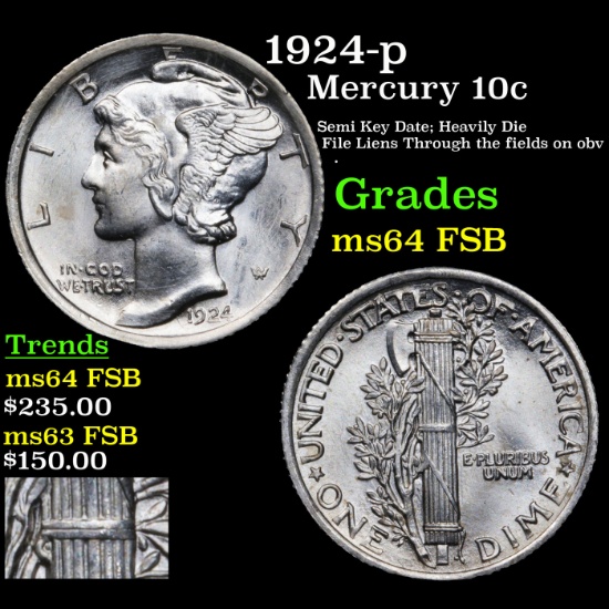 1924-p Mercury Dime 10c Graded ms64 FSB
