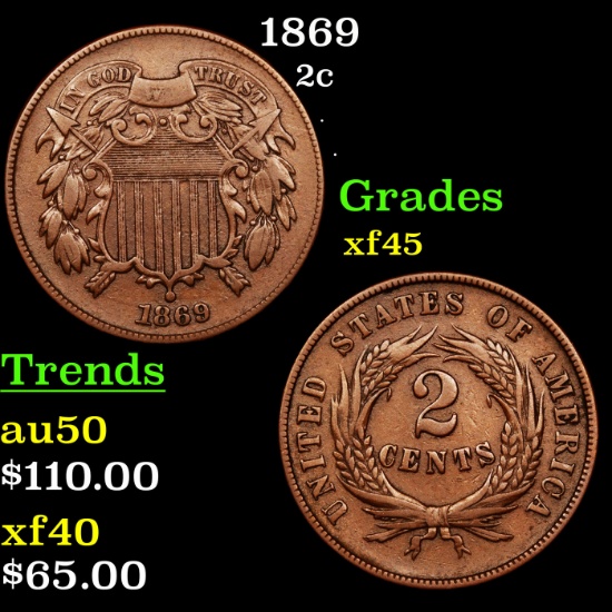 1869 Two Cent Piece 2c Grades xf+