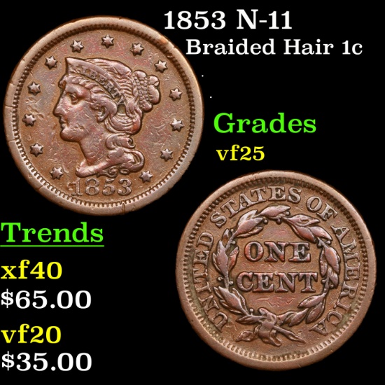 1853 N-11 Braided Hair Large Cent 1c Grades vf+