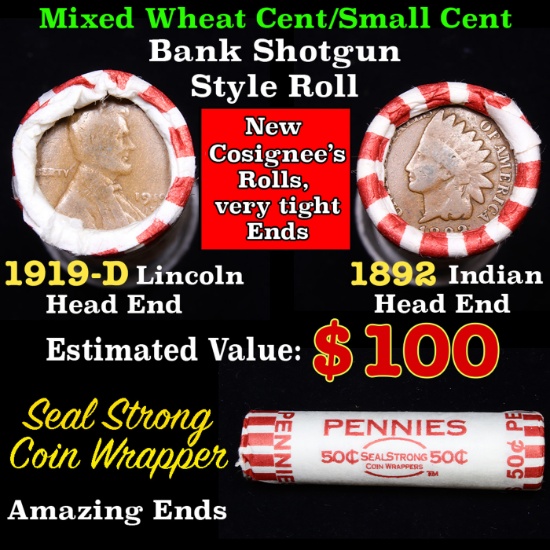Mixed small cents 1c orig shotgun roll, 1919-d Wheat Cent, 1892 Indian cent other end, McDonalds Wra