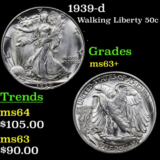 1939-d Walking Liberty Half Dollar 50c Grades Select+ Unc