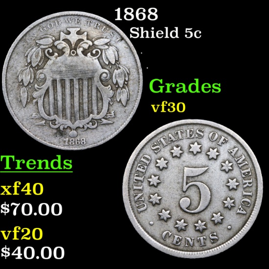1868 Shield Nickel 5c Grades vf++