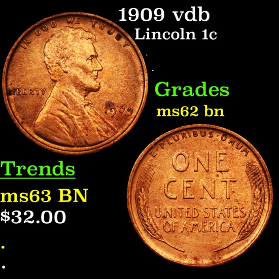 1909 vdb Lincoln Cent 1c Grades Select Unc BN