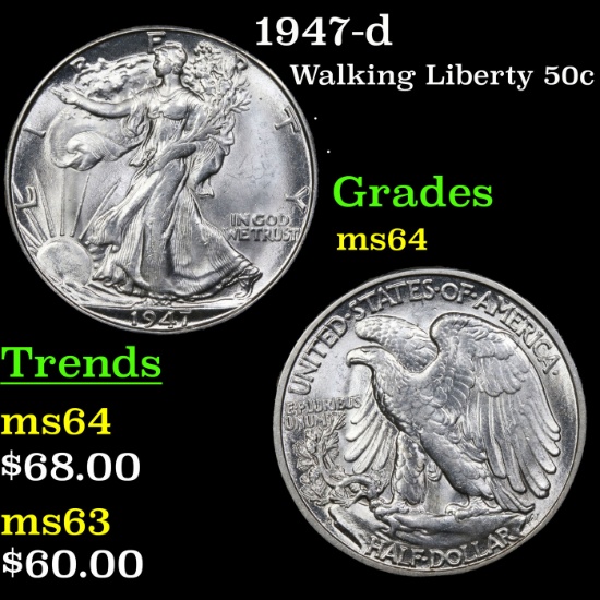 1947-d Walking Liberty Half Dollar 50c Grades Choice Unc