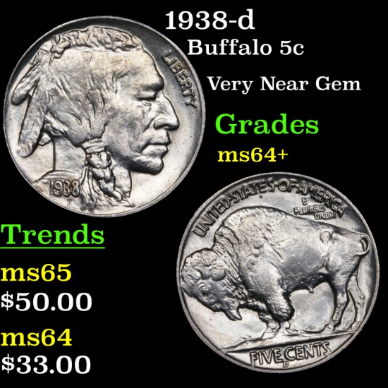 1938-d Buffalo Nickel 5c Grades Choice+ Unc