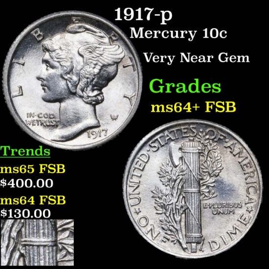 1917-p Mercury Dime 10c Grades Choice Unc+ FSB