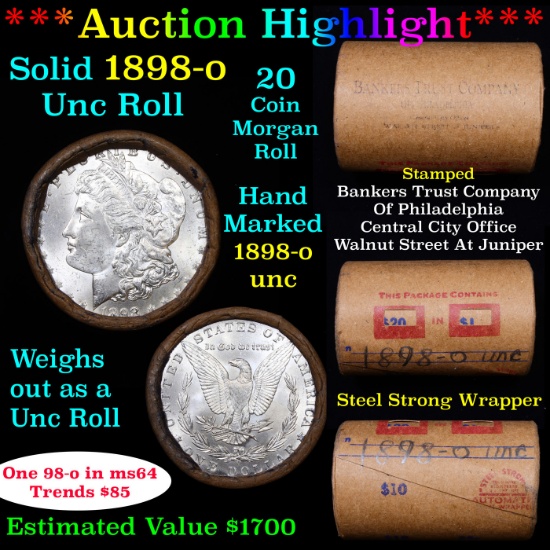 ***Auction Highlight*** Full solid date 1898-o Uncirculated Morgan silver dollar roll, 20 coins (fc)