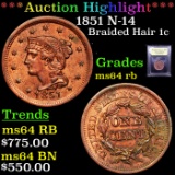 ***Auction Highlight*** 1851 N-14 Braided Hair Large Cent 1c Graded Choice Unc RB By USCG (fc)