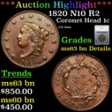 ***Auction Highlight*** 1820 N10 R2 Coronet Head Large Cent 1c Graded ms63 bn Details By SEGS (fc)