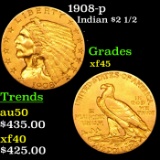 1908-p Gold Indian Quarter Eagle $2 1/2 Grades xf+