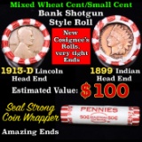 Mixed small cents 1c orig shotgun roll, 1913-d Wheat Cent, 1899 Indian cent other end, Seal Strong W