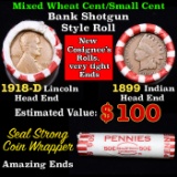 Mixed small cents 1c orig shotgun roll, 1918-d Wheat Cent, 1899 Indian cent other end, Seal Strong W