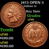 1873 OPEN 3 Indian Cent 1c Grades xf