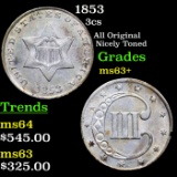 1853 Three Cent Silver 3cs Grades Select+ Unc