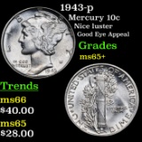 1943-p Mercury Dime 10c Grades GEM+ Unc