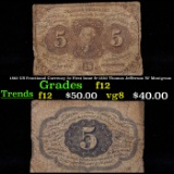 1862 US Fractional Currency 5c First Issue fr-1230 Thomas Jefferson W/ Monigram Grades f, fine