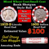 Mixed small cents 1c orig shotgun roll, 1913-d Wheat Cent, 1900 Indian cent other end, Seal Strong W