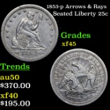 1853-p Arrows & Rays Seated Liberty Quarter 25c Grades xf+
