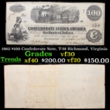 1862 $100 Confederate Note, T-39 Richmond, Virginia Grades vf++