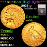 ***Auction Highlight*** 1908-p Gold Indian Half Eagle $5 Graded au58+ By SEGS (fc)