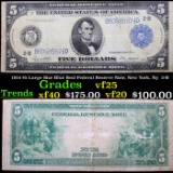 1914 $5 Large Size Blue Seal Federal Reserve Note, New York, Ny  2-B Grades vf+