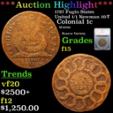***Auction Highlight*** 1787 Fugio States United 1/1 Newman 10-T Colonial 1c Graded f15 By SEGS (fc)