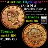 ***Auction Highlight*** 1840 N-3 Braided Hair Large Cent 1c Graded Select Unc BN By USCG (fc)