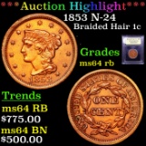 ***Auction Highlight*** 1853 N-24 Braided Hair Large Cent 1c Graded Choice Unc RB By USCG (fc)