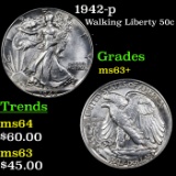 1942-p Walking Liberty Half Dollar 50c Grades Select+ Unc