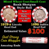 Mixed small cents 1c orig shotgun roll, 1919-s Wheat Cent, 1899 Indian cent other end, Seal Strong W