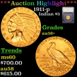 ***Auction Highlight*** 1911-p Gold Indian Half Eagle $5 Graded au58+ By SEGS (fc)