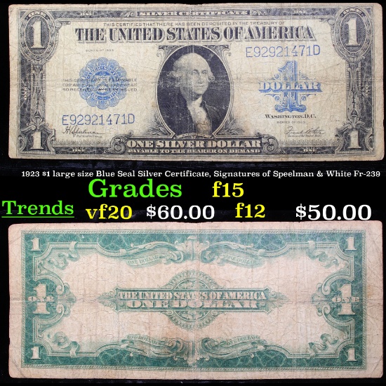 1923 $1 large size Blue Seal Silver Certificate, Signatures of Speelman & White Fr-239 Grades f+