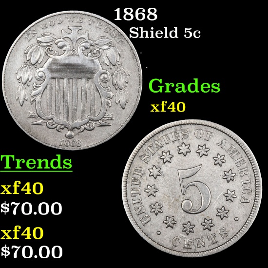 1868 Shield Nickel 5c Grades xf