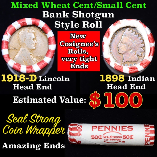 Mixed small cents 1c orig shotgun roll, 1918-d Wheat Cent, 1898 Indian cent other end, Seal Strong W