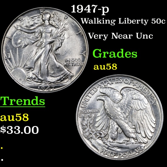 1947-p Walking Liberty Half Dollar 50c Grades Choice AU/BU Slider