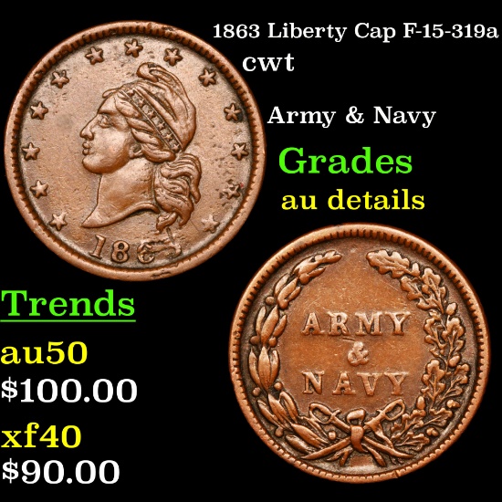 1863 Liberty Cap F-15-319a Civil War Token 1c Grades AU Details