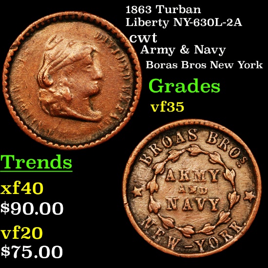 1863 Turban Liberty NY-630L-2A Civil War Token 1c Grades vf++