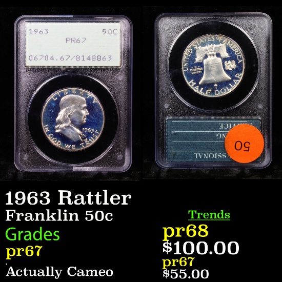 Proof PCGS 1963 Rattler Franklin Half Dollar 50c Graded pr67 By PCGS