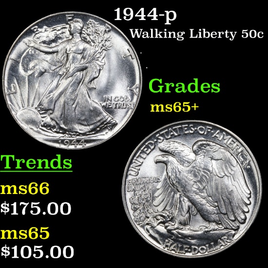 1944-p Walking Liberty Half Dollar 50c Grades GEM+ Unc