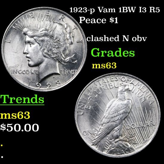 1923-p Vam 1BW I3 R5 Peace Dollar $1 Grades Select Unc