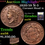 ***Auction Highlight*** 1820/19 N-3 Coronet Head Large Cent 1c Graded Choice AU/BU Slider By USCG (f