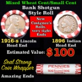 Mixed small cents 1c orig shotgun roll, 1916-s Wheat Cent, 1896 Indian cent other end, Seal Strong W