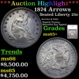 ***Auction Highlight*** 1874 Arrows Seated Liberty Quarter 25c Graded ms65+ By SEGS.        The exqu