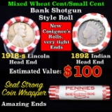 Mixed small cents 1c orig shotgun roll, 1918-s Wheat Cent, 1892 Indian cent other end, Seal Strong W