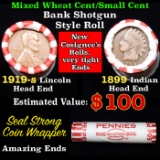 Mixed small cents 1c orig shotgun roll, 1919-s Wheat Cent, 1899 Indian cent other end, Seal Strong W