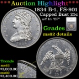 ***Auction Highlight*** 1834 B-1, FS-901 Capped Bust Quarter 25c Graded ms62 details By SEGS (fc)