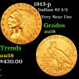 1913-p Gold Indian Quarter Eagle $2 1/2 Grades Choice AU/BU Slider